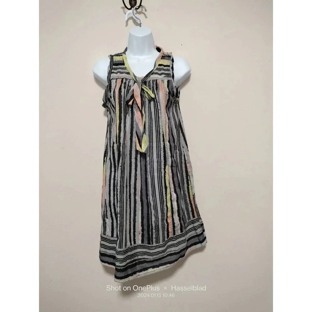 XS MARC JACOBS Pleated Cotton Poplin Shift Dress Tie at Neck Striped Boho